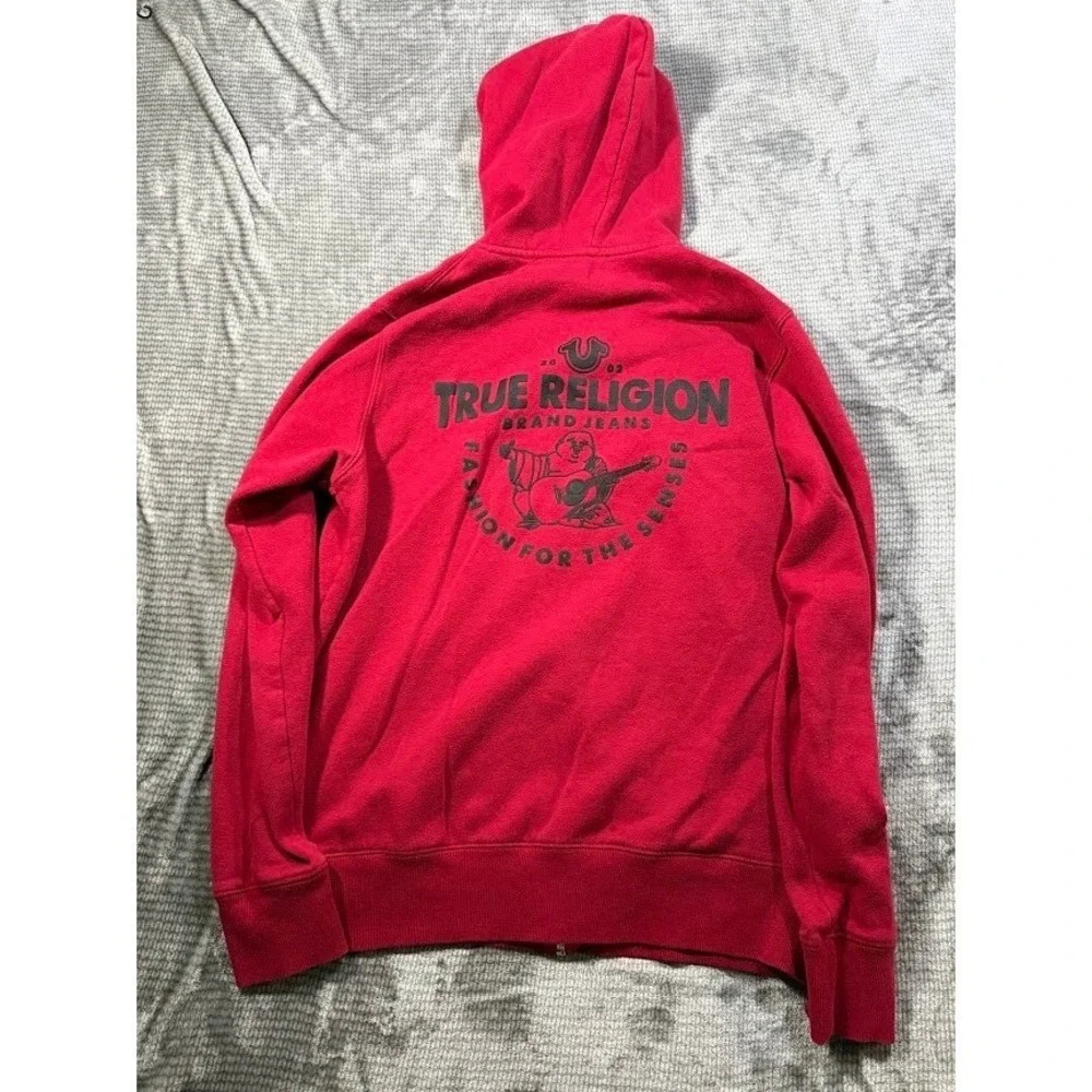 True Religion Mens Red‎ Full Zip Hoodie Horseshoe Logo Fleece Sweatshirt Large